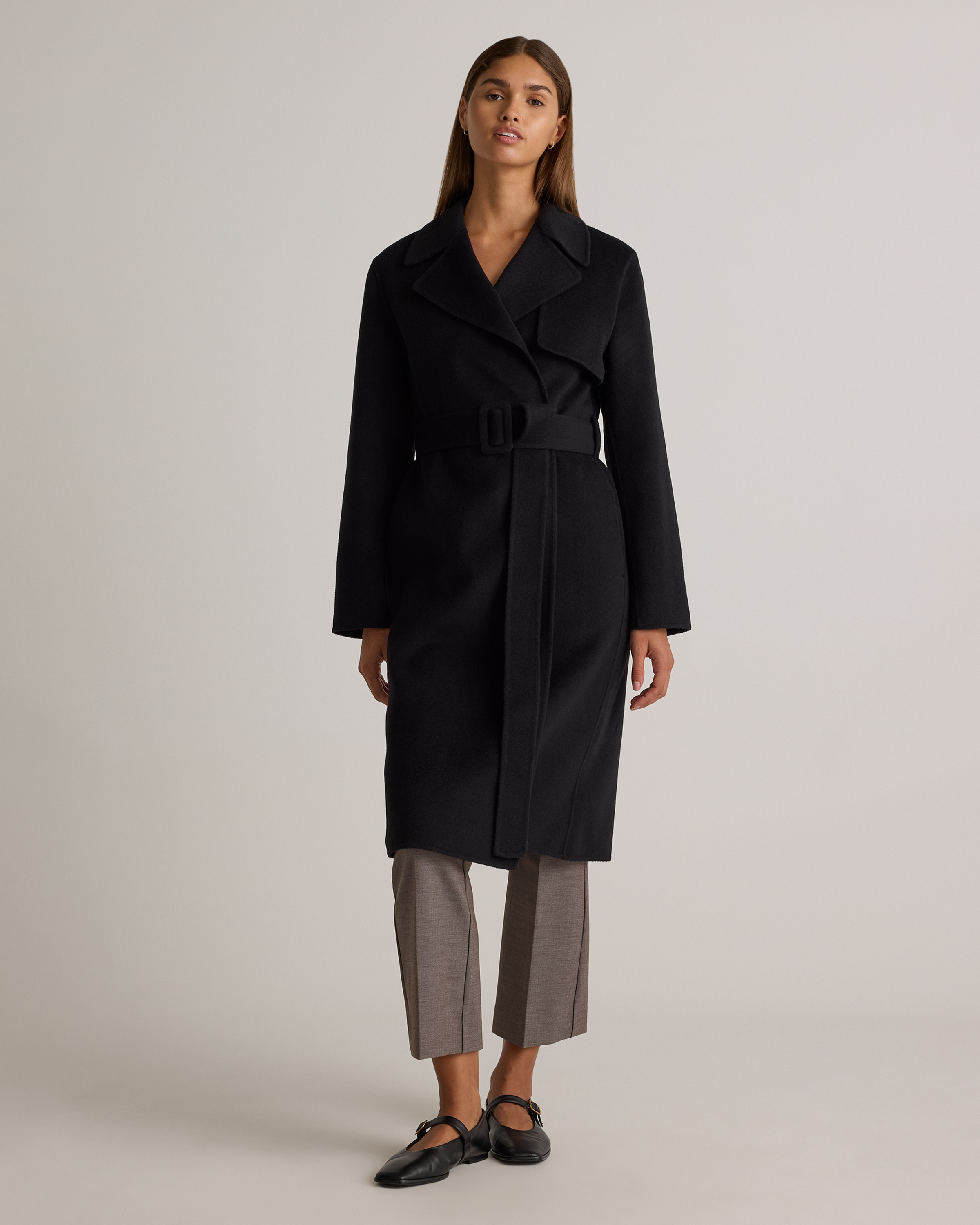 Quince | Women's Double-Faced Merino Wool Trench Coat in Black, Size Large, Wool/Nylon | Quince