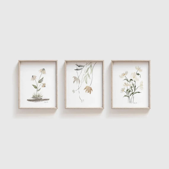 Neutral Flowers Watercolor Set of 3 Floral Art Prints  - Etsy | Etsy (US)