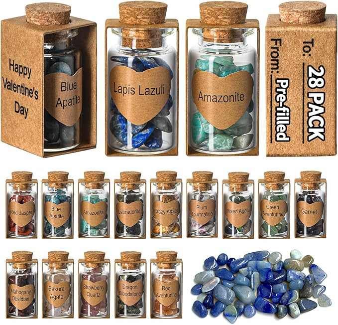 28 Pack Prefilled Valentines Day Gifts for Kids - Crystal Gemstone Chip Bottles and Valentines Da... | Amazon (US)
