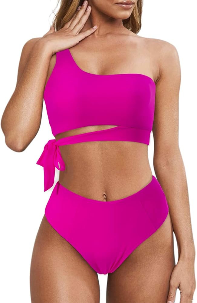 MOOSLOVER Women One Shoulder High Waisted Bikini Tie High Cut Two Piece Swimsuits | Amazon (US)