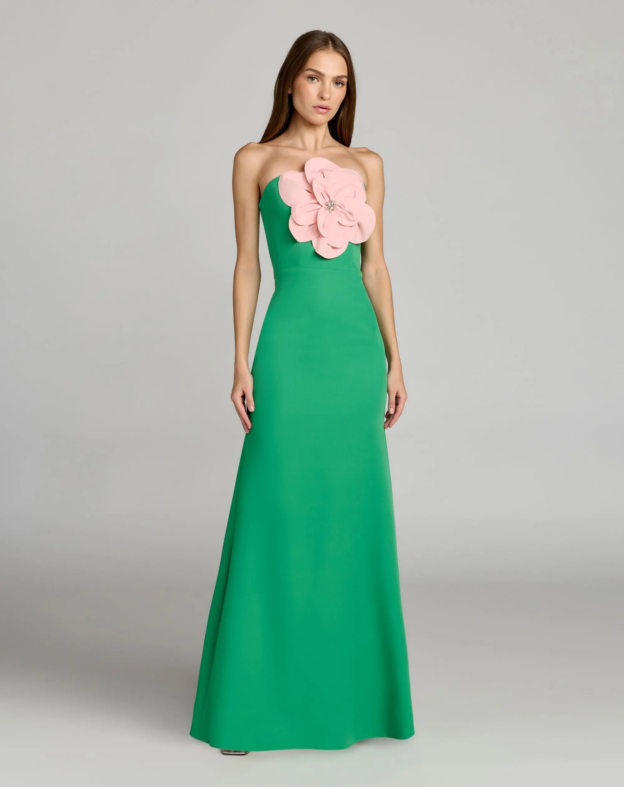 Green Strapless Crepe Gown With 3D Flower | Mac Duggal | Mac Duggal