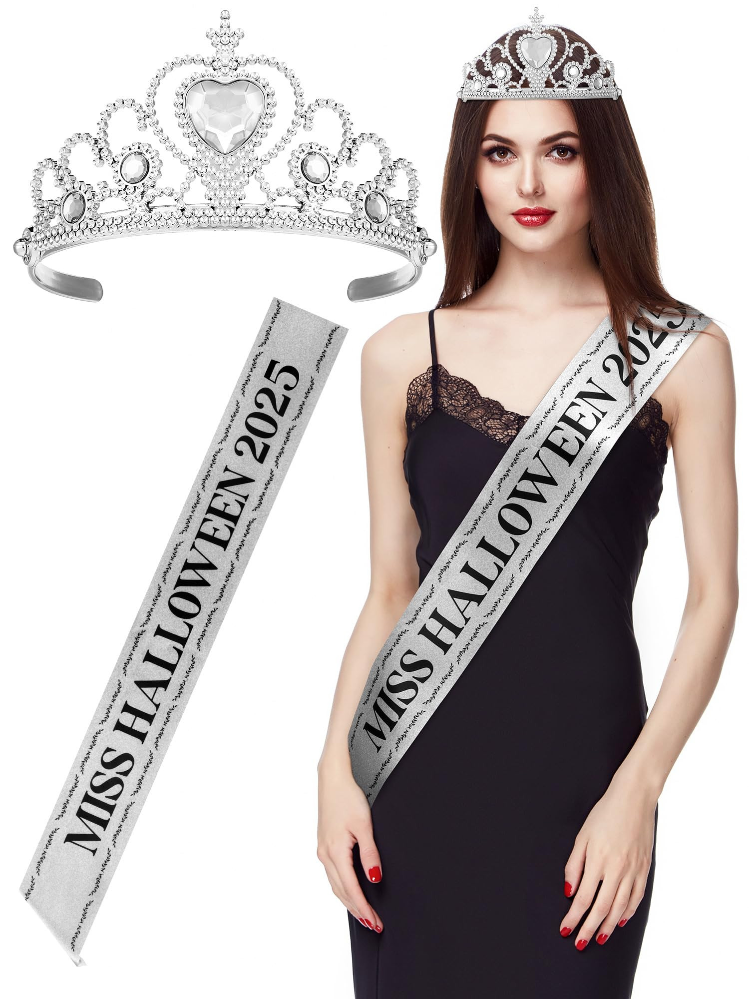 Ferraycle Miss Halloween 2025 Crown and Sash Cosplay Costume Kit for Women Silver Crystal Tiara R... | Amazon (US)