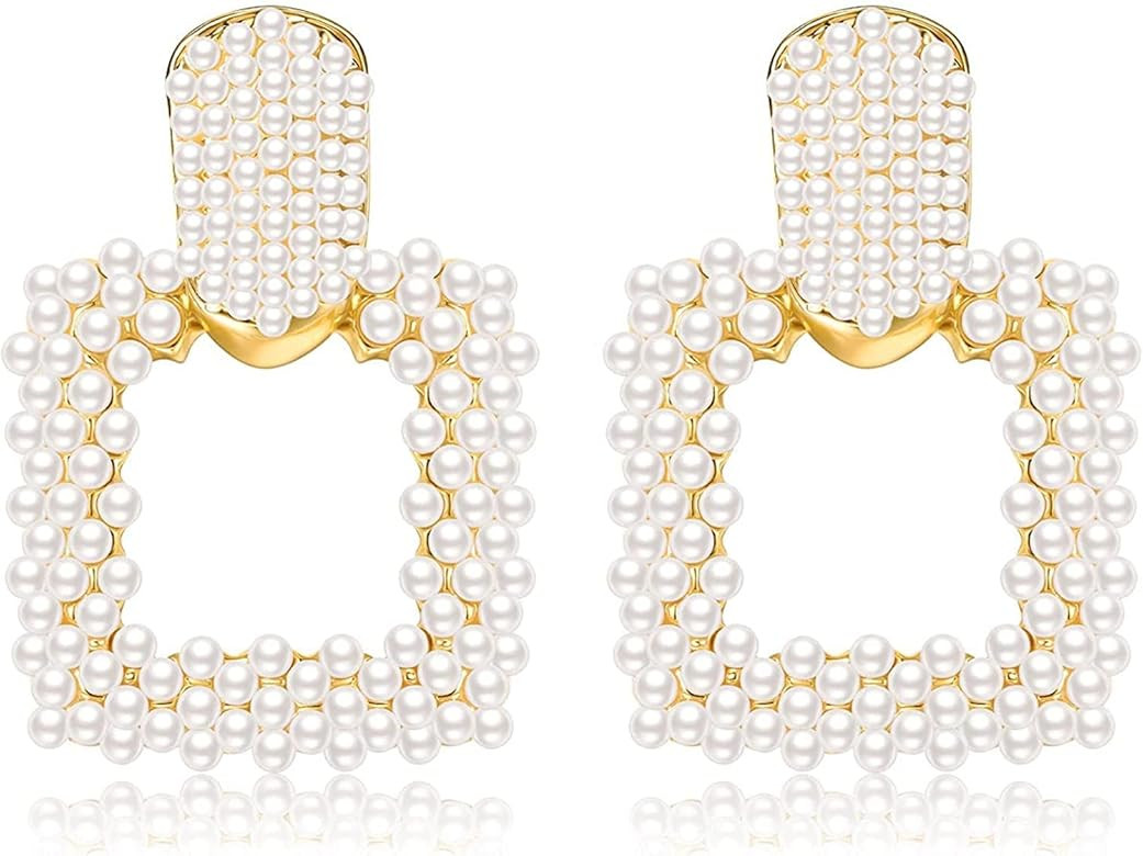 Rectangle Geometric Pendant Earrings Gold Pearl Drop Earrings Design Big Hoop Earrings for Women ... | Amazon (US)