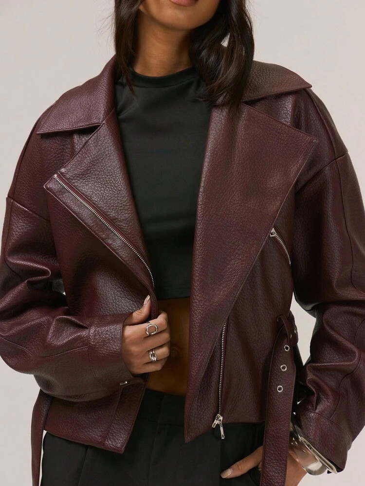 MUSERA Faux Leather Belt Detail Collared Zip Up Asymmetric Jacket Night Out Autumn Fall Winter Ou... | SHEIN