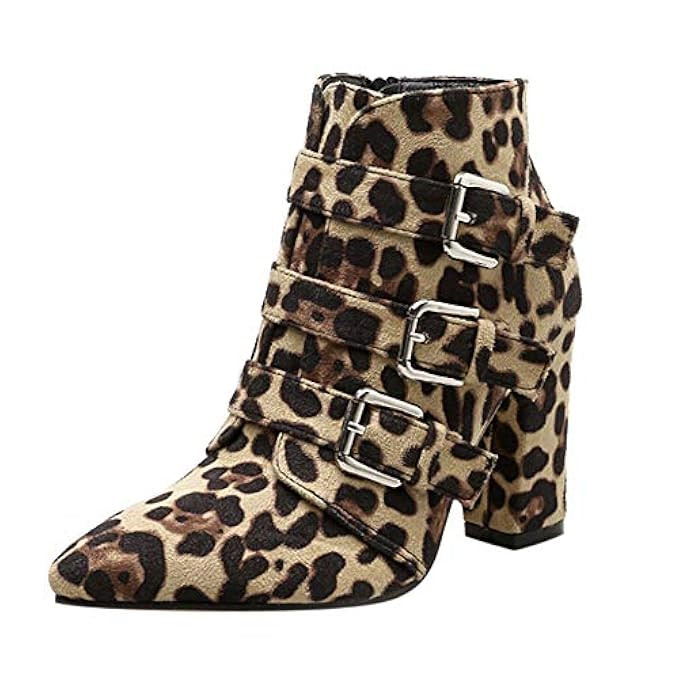 Harpi Women's Fashion Leopard Snake High Heels Belt Buckle Boots Women Shoes Thick Booties | Amazon (US)