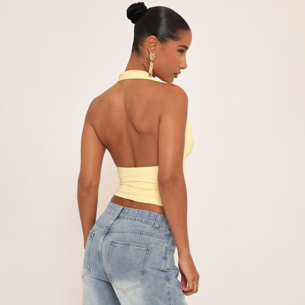 Halterneck Knot Detail Top In Yellow Slinky | EGO (UK)