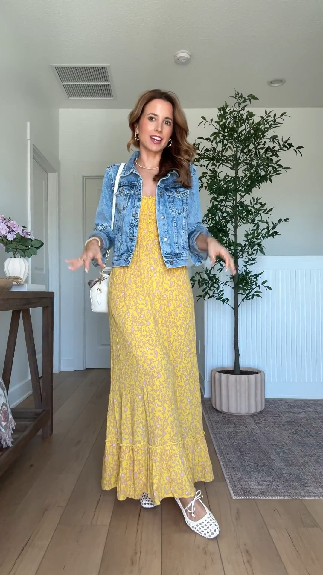 My spring #ootd here! New aerie floral maxi dress in XXS. Has adjustable straps and is smocked and stretchy on top. Free People denim jacket in XS. Sam Edelman woven ballet flats are TTS. Spring outfit. Spring dress. Vacation outfit. Vacation dress. Resort wear. Resort outfit. Spring break outfit. 

#LTKTravel #LTKootd #LTKspring