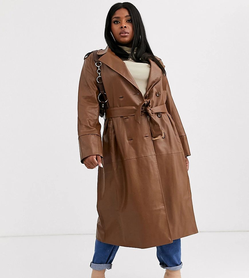 UNIQUE21 Hero Plus faux leather belted maxi coat-Brown | ASOS (Global)