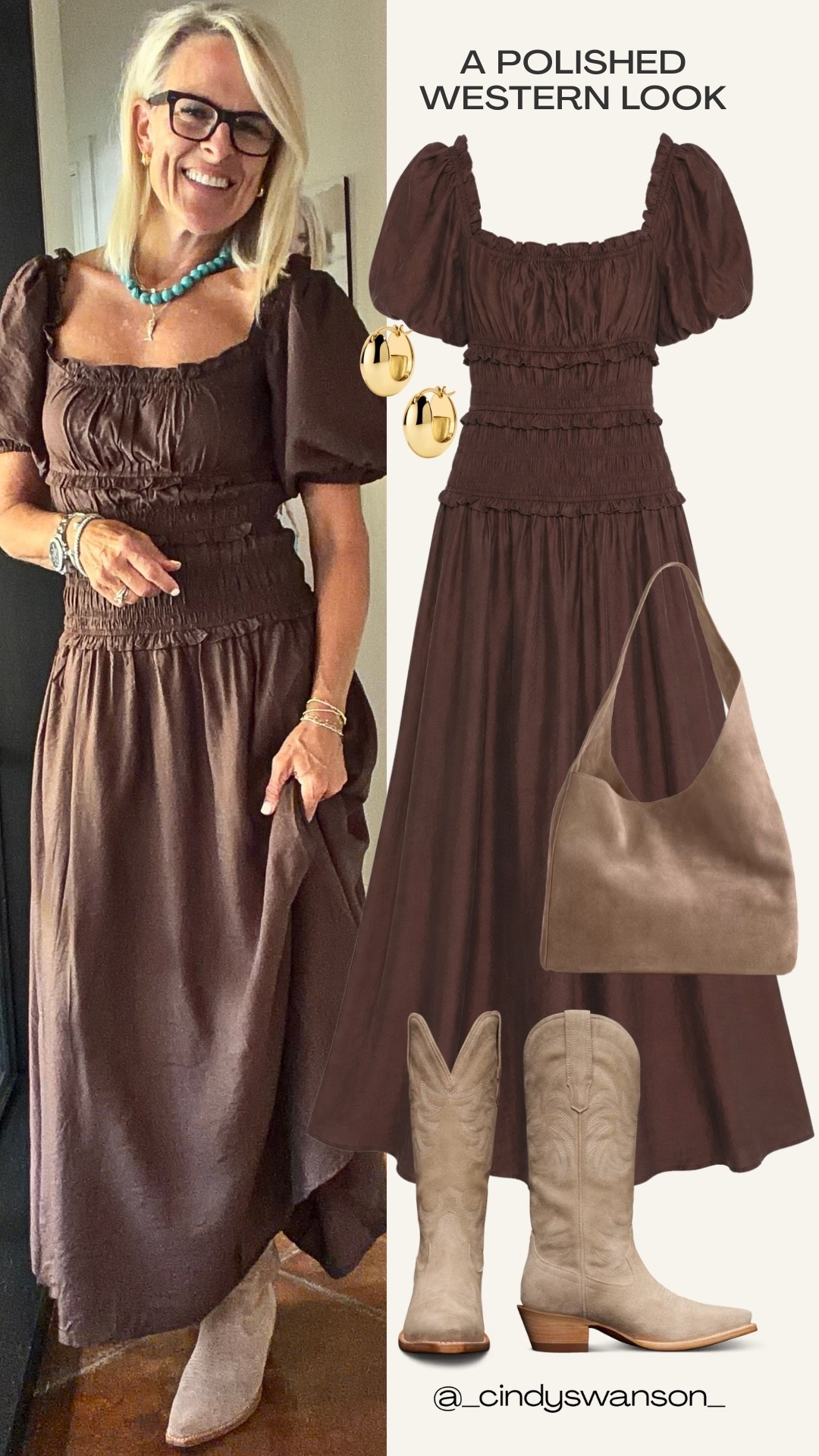 This chocolate brown dress is such a beautiful way to bring a little Western-inspired style into a classic wardrobe. The smocked waist and full skirt give it an easy, feminine shape, while the neutral boots keep the look polished and wearable.

#LTKootd #LTKOver40 #LTKTravel