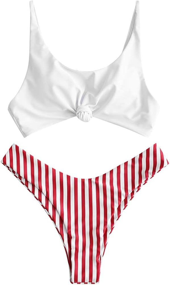 ZAFUL Women's Contrast Front Knot Striped Bikini Set 2 Piece High Cut Swimsuits | Amazon (US)
