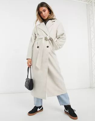 Monki Brix oversized coat with belt in beige | ASOS (Global)