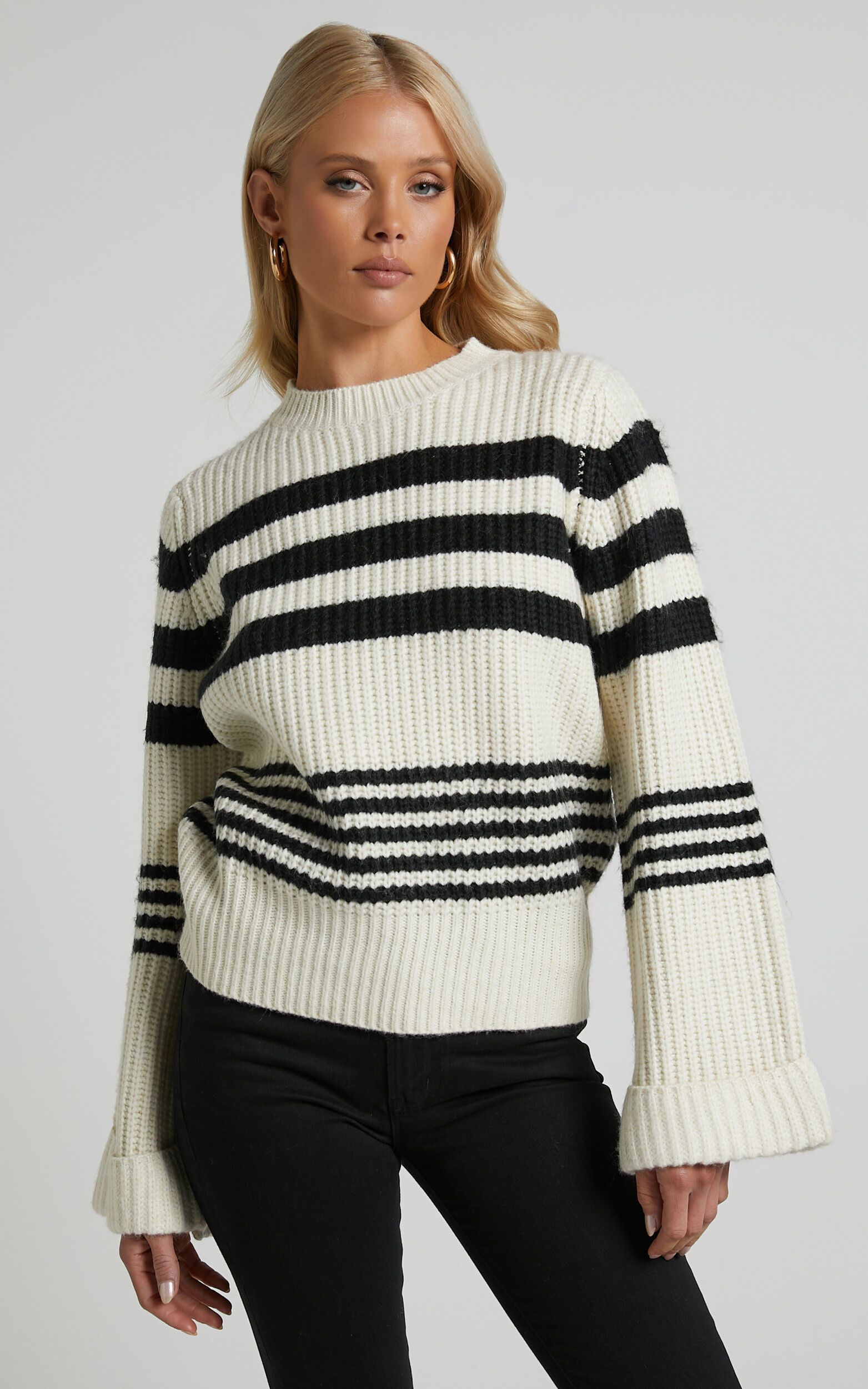 Pheney striped crew neck knit sweater in Cream and Black | Showpo (US, UK & Europe)