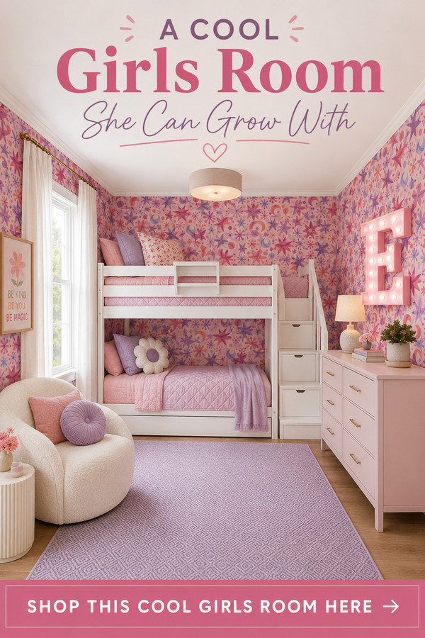 Create a cool girls room she'll love for years with colorful wallpaper, a stylish low bunk bed, soft pink furniture, and