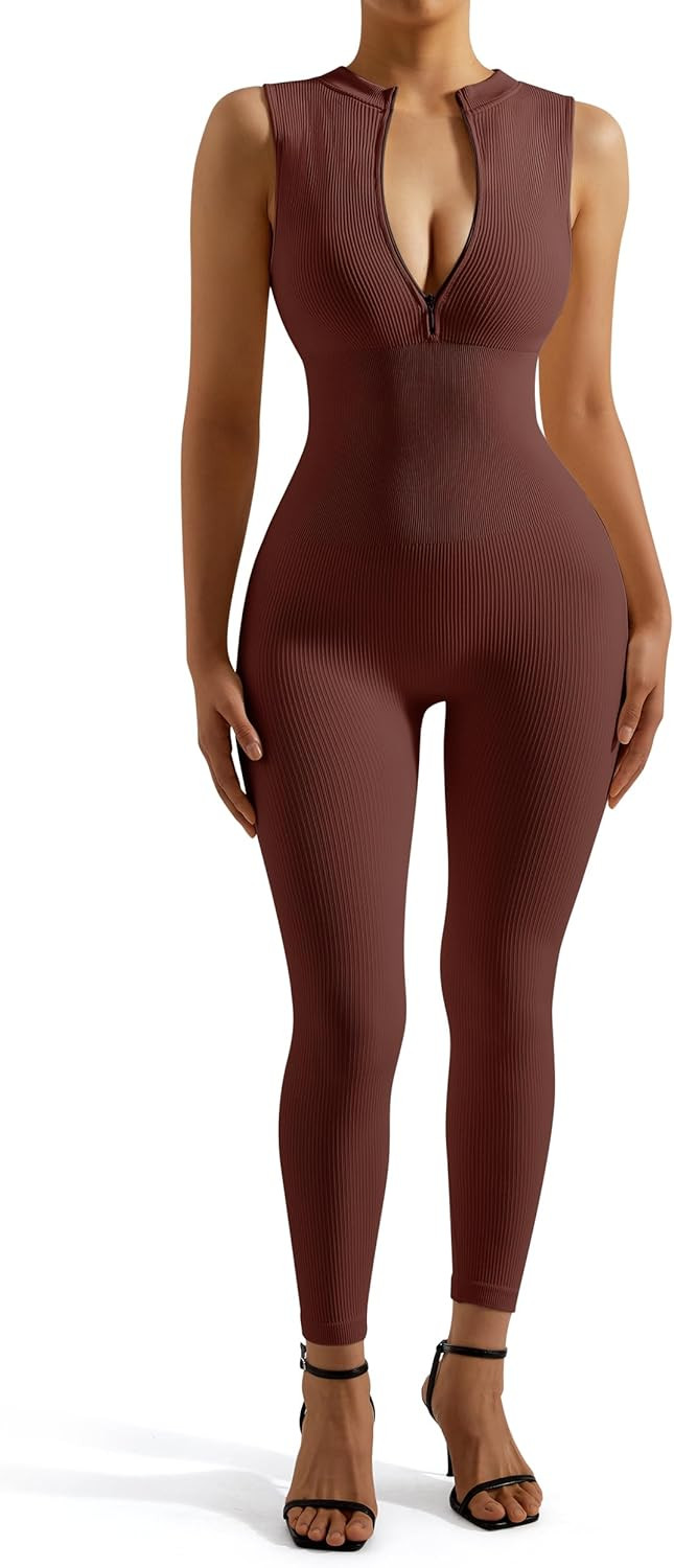 SUUKSESS Women Ribbed Seamless One Piece Jumpsuits Zip Up Sexy Bodycon Romper | Amazon (US)