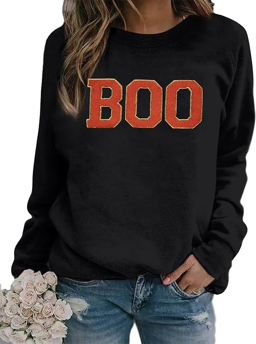 MYHALF Halloween Sweatshirt for Women Boo Embroidered Sweaters Cute Spooky Season Shirt Long Slee... | Amazon (US)