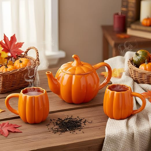 Thanksgiving Pumpkin Tea Set Ceramic Teapot with 2 Mugs and Tea Mug Orange Ceramic Pumpkin Shaped... | Amazon (US)