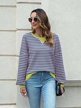 ETCYY Womens Sweaters 2024 Fall Clothes Oversized Long Sleeve Striped Shirts Lightweight Color Bl... | Amazon (US)