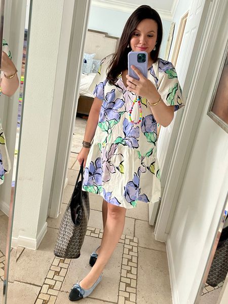 Affordable warm weather dress that’s so flattering, runs big! 
Abstract floral print swing dress, also comes in solid black. Dress is on sale through the weekend, under $25 
Paired with denim ballerina flats and Goyard Artois tote 

#LTKshoecrush #LTKxTarget #LTKsalealert