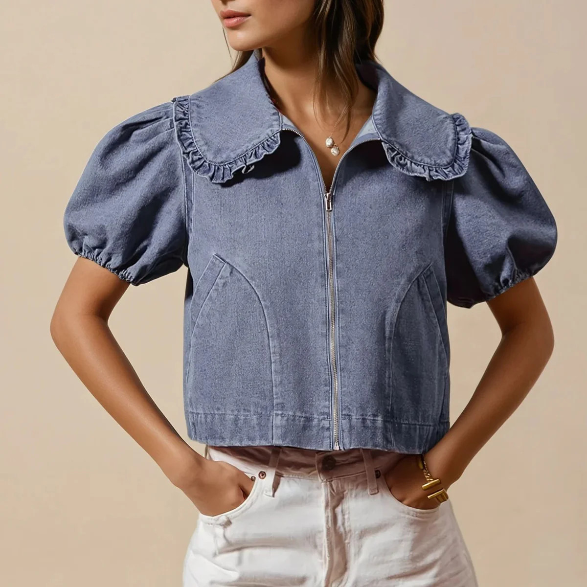 Denim Puff Sleeve Top | FEHRNVI