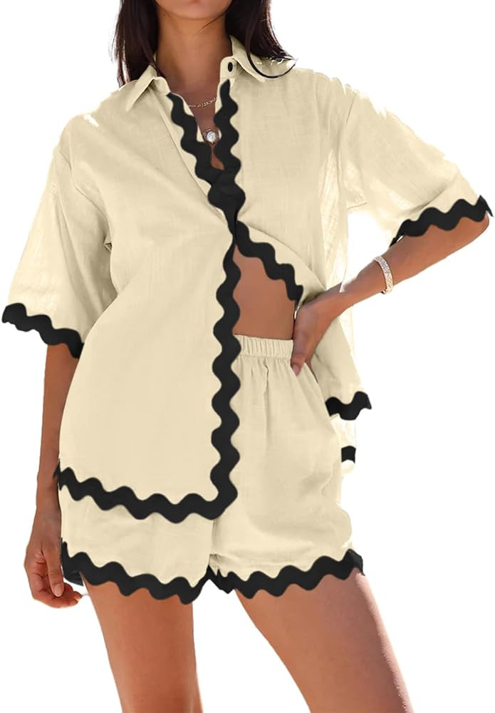 Danedvi Womens 2 Piece Outfits Beach Vacation Summer Short Sleeve Button Down Shirts and Shorts L... | Amazon (US)