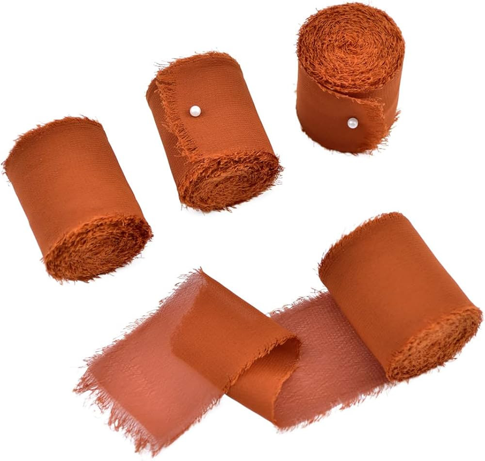 Joanlody Terracotta 4 Rolls Chiffon Ribbon Handmade Fringe Ribbon 1-3/4" x 6Yd for Wedding Invita... | Amazon (US)