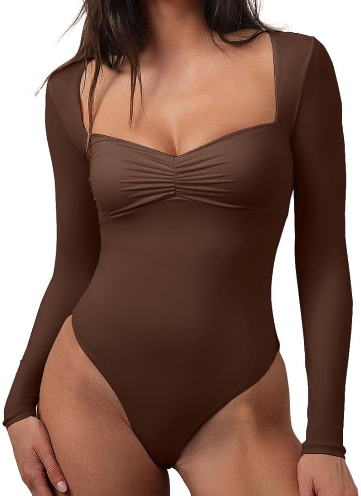 CHYRII Womens Sexy Square V Neck Bodysuit Tops Fall Fashion Long Sleeve Going Out Tops | Amazon (US)