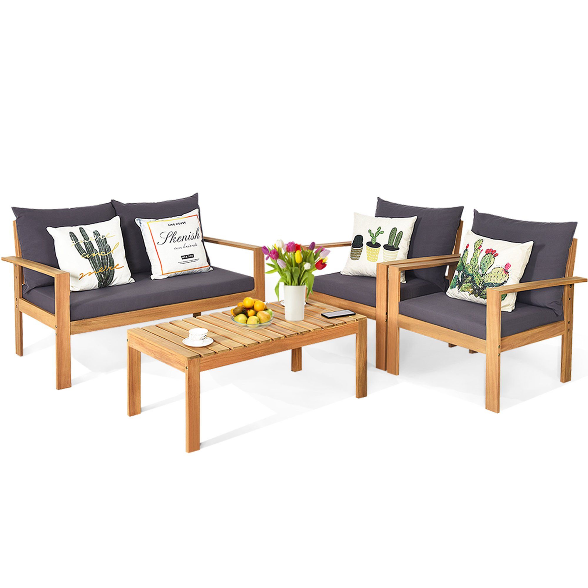 Topbuy 4 PCS Outdoor Acacia Wood Conversation Sofa Table Furniture Set W/ Grey Cushions | Walmart (US)