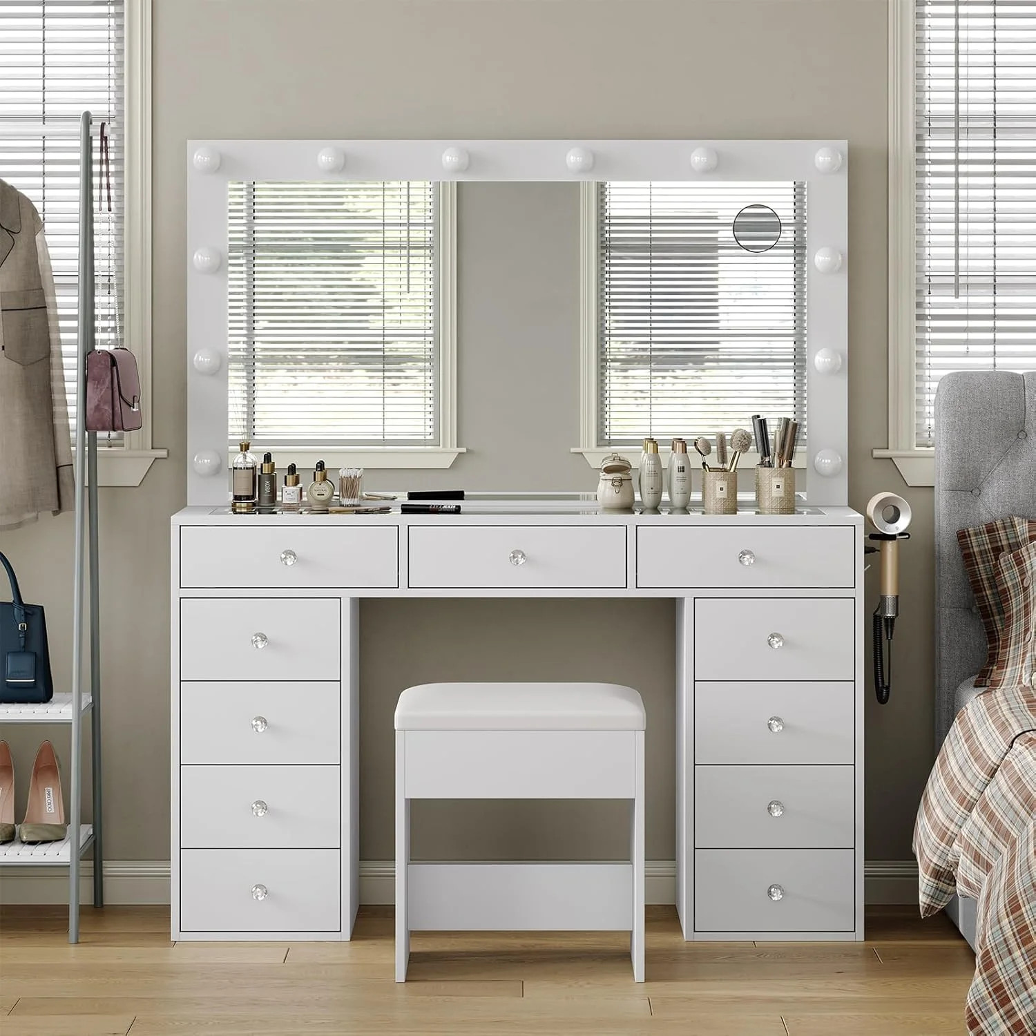 White Vanity Desk with Illuminated Mirror & Power Outlet, 11 Drawers Vanity Table with Chair, Mak... | Walmart (US)