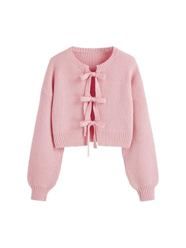 CIDER Women Round Neck Tie Front Cardigan Bowknot Crop Sweater Light Pink | Amazon (US)