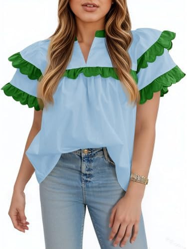 Tankaneo Womens Ruffle Sleeve Babydoll Tops Color Block Summer V Neck Pleated Blouse Dressy Casua... | Amazon (US)