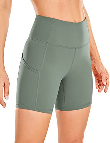 CRZ YOGA Women's Naked Feeling Light Running Shorts 6 Inches - High Waisted Gym Biker Compression Shorts with Pockets Grey Sage Medium | Amazon (US)