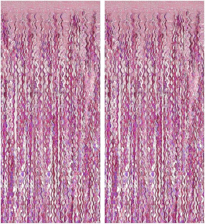 Pink Backdrop Party Decorations Pink Streamers Tinsel Foil Fringe Curtains Wavy Sparkle Metallic ... | Amazon (US)