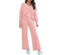 Prinbara Women's Two Piece Outfits Sweatsuit Set Casual Long Sleeve V Neck Top Wide Leg Pants Mat... | Amazon (US)