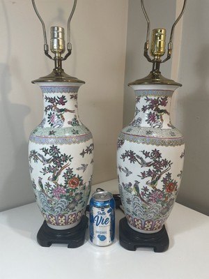 Pair Chinoiserie Porcelain Vase Table Lamps Birds Flowers Butterflies Ginger Jar | eBay US