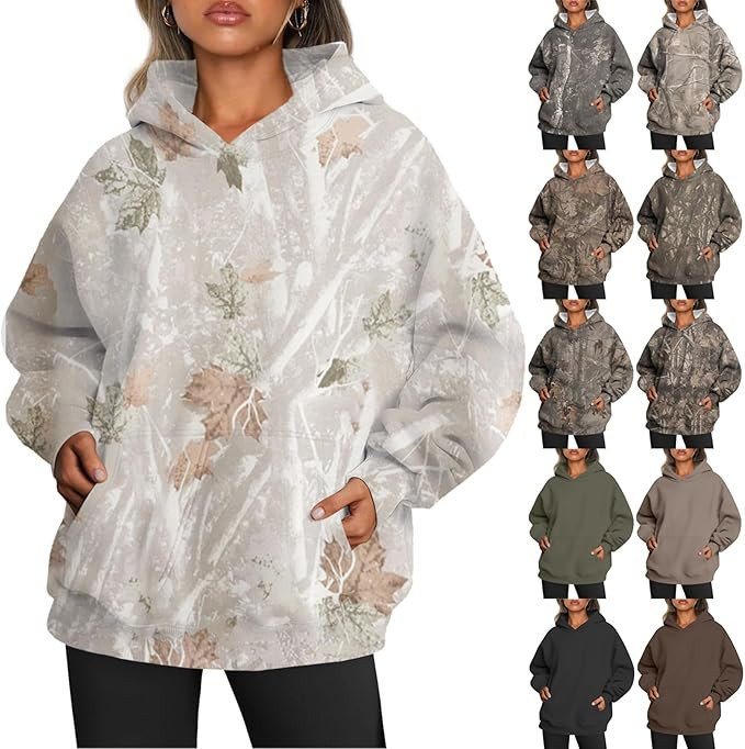 Jielayou Women's Camo Hoodie Maple-Leaf Print Oversized Sweatshirt Fleece Hooded Sweatshirts with... | Amazon (US)