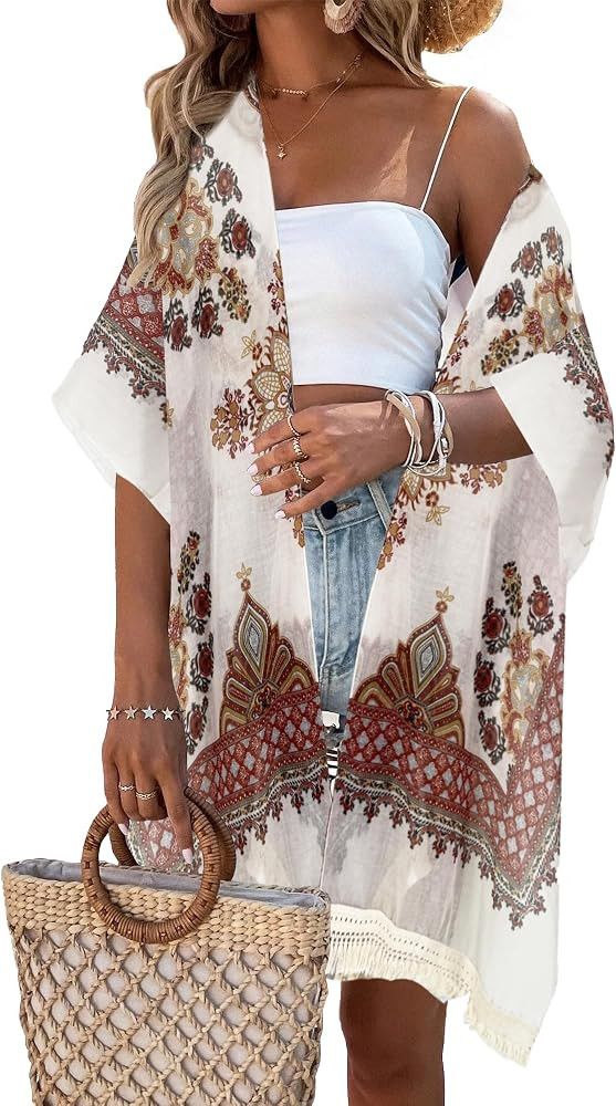 Beautiful Nomad Women's Kimono Swimsuit Coverups Beach Floral Casual Cardigan Bathing Suit Cover ... | Amazon (US)