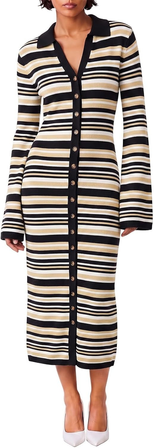 Wenrine Womens Long Cardigan Striped Button Down Collared Sweater Dress | Amazon (US)