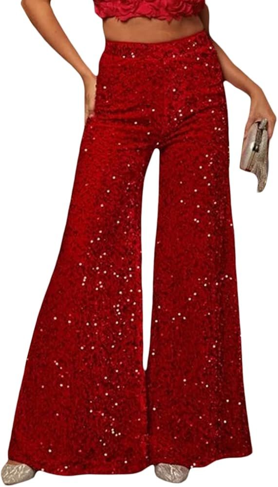 Women Sequin Flare Pants High Waisted Wide Leg Sparkle Pants Party Club Night Out Shiny Bell Bottom  | Amazon (US)