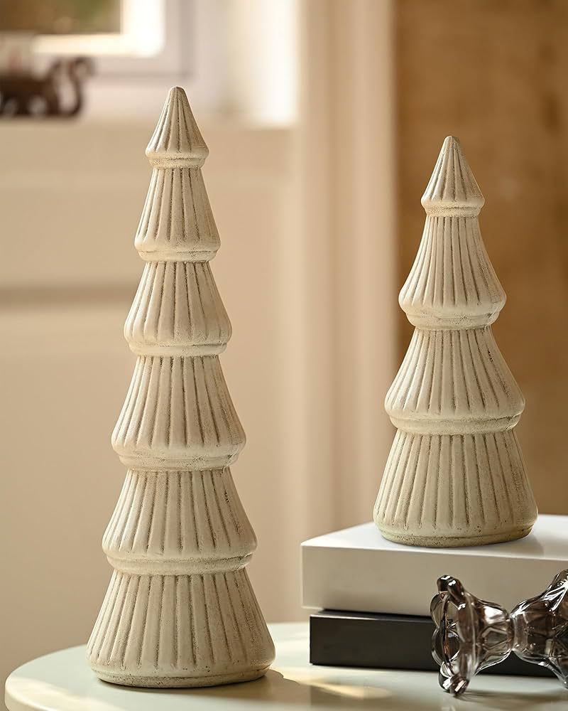 WONDROUS' DECO Wooden Christmas Tree Figurine, Tabletop White Tree Figurine, Set of 2 Desk Center... | Amazon (US)