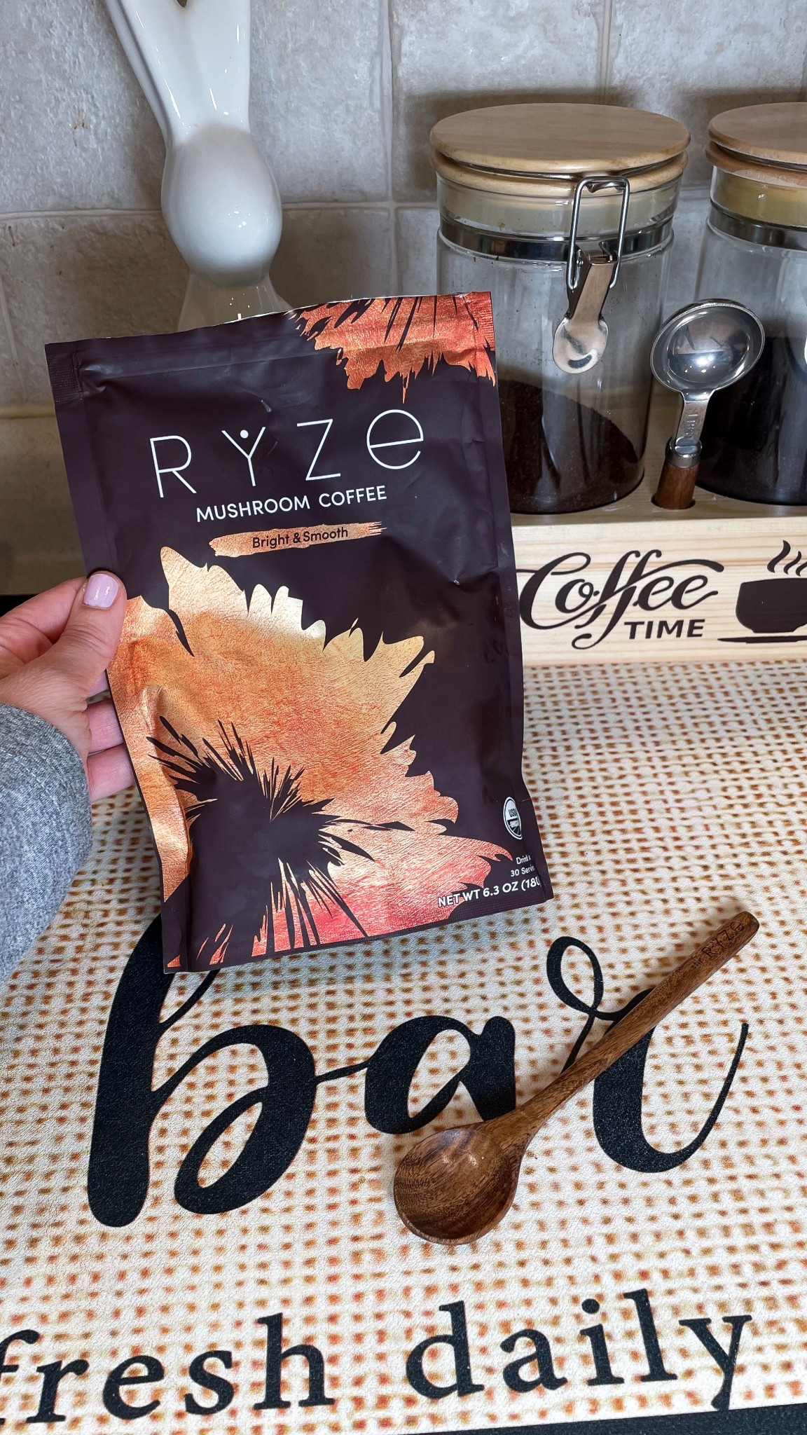 Mornings and mom life… Ryze has me covered. My go-to for calm, focused energy ☕💛 #coffeetime #ryzealways 