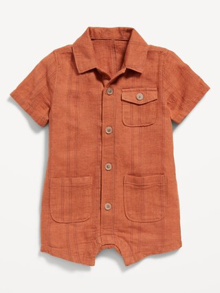Short-Sleeve Textured-Dobby Linen-Blend Utility Romper for Baby | Old Navy (US)
