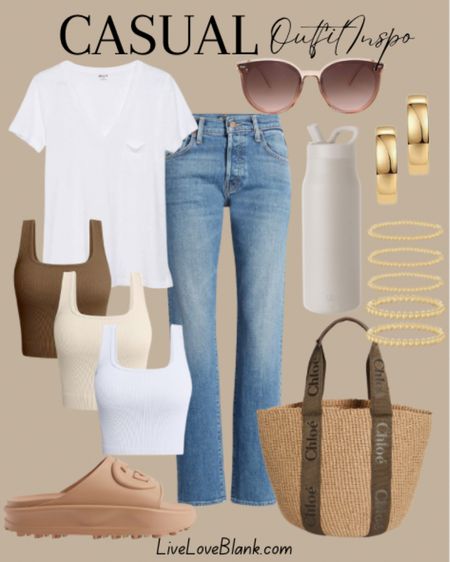 Casual summer outfit idea 
Mother jeans
Madewell white tee
Gucci slides
Chloe tote
Sims water bottle
#ltku


#LTKStyleTip #LTKTravel #LTKOver40
