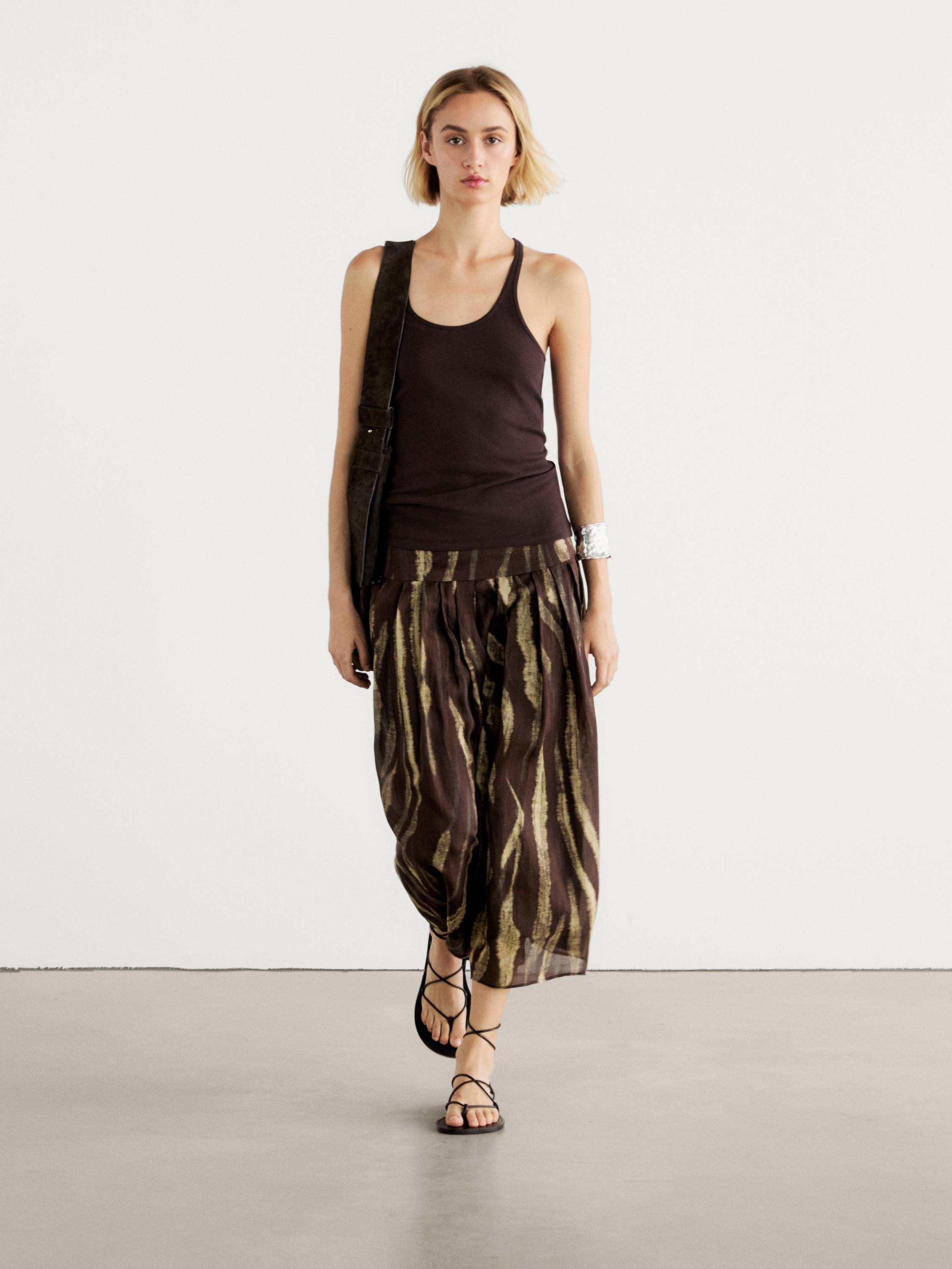 Printed pleated ramie blend skirt | Massimo Dutti UK