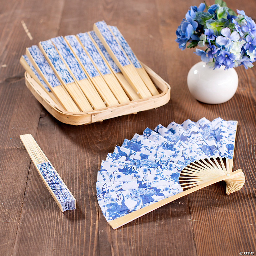 10" Bulk 48 Pc. Chinoiserie Print Folding Blue & White Paper Hand Fans | Oriental Trading Company
