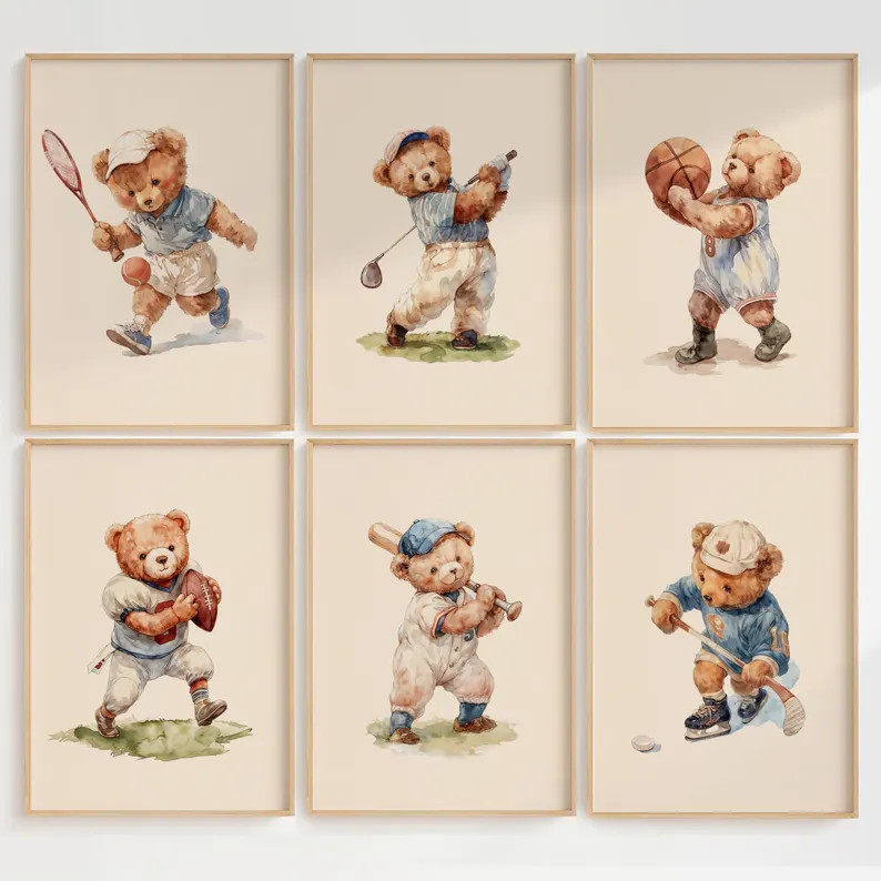 Set of 6 Vintage Teddy Bear Sports Wall Art, Babyshower Gift Boy, Watercolor Illustrations, Sport... | Etsy (US)