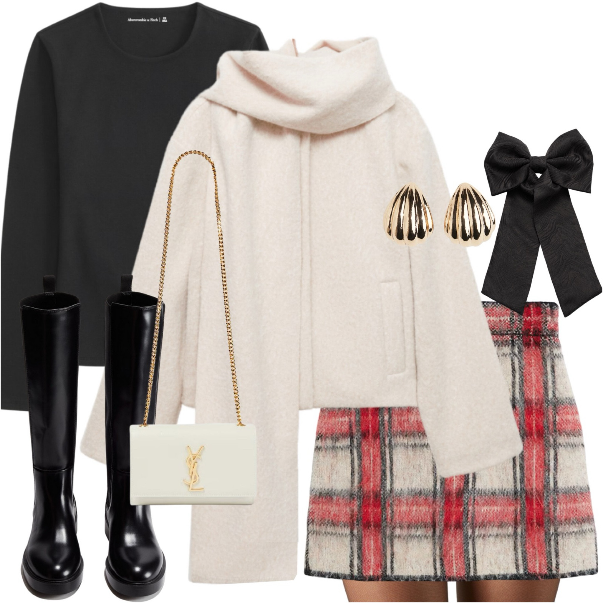 Scarf jacket, tartan mini skirt, long sleeve basic black t-shirt, black hair bow, black knee high flat boots, tights and gold earrings. Autumn outfit, fall fashion, Christmas market outfit, winter look.

#LTKwinter #LTKautumn #LTKstyletip