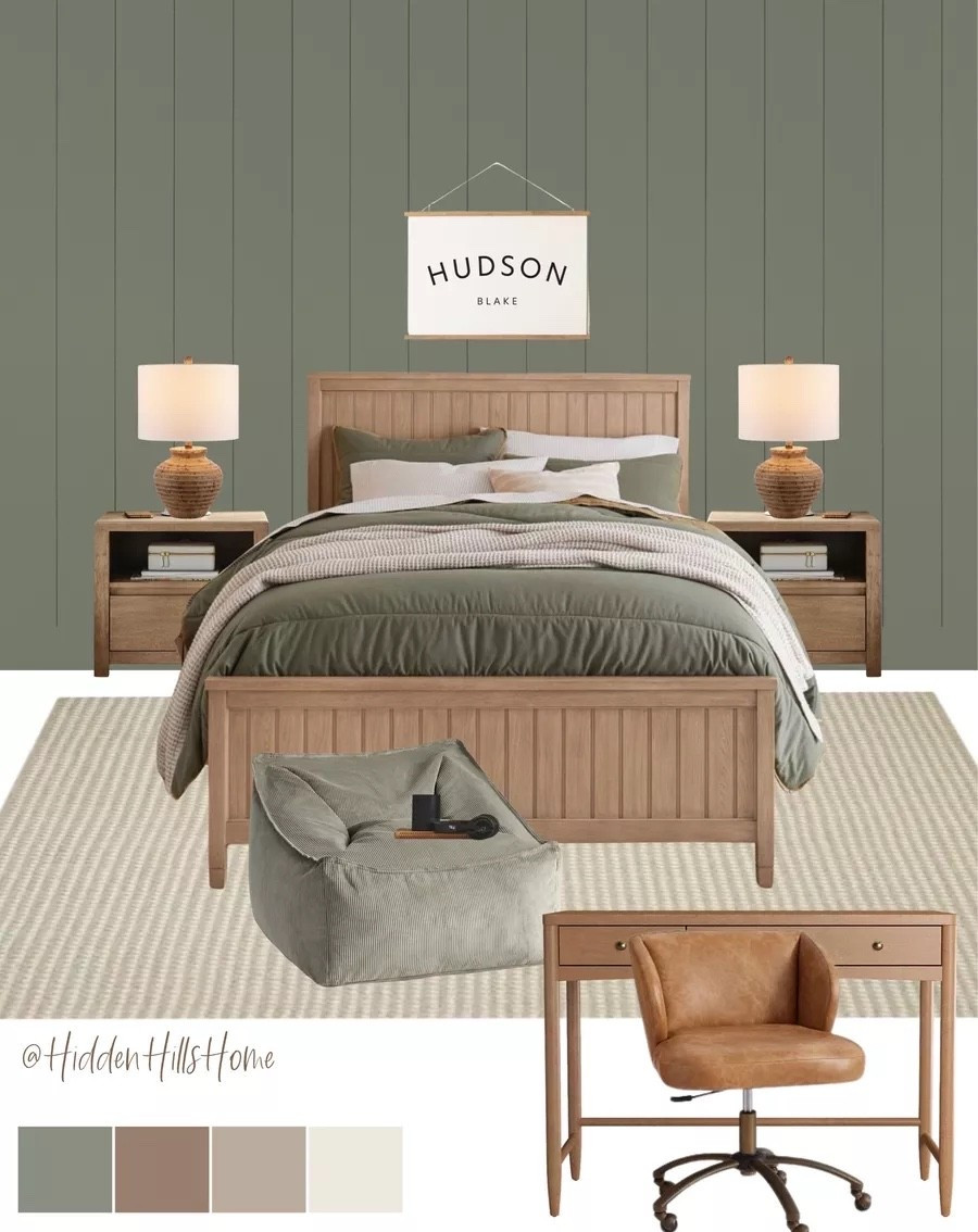 boys bedroom decor, green boys room decor mood board, kids bedroom decor ideas, masculine bedroom inspo, pre-teen boys bedroom design #boysbedroom Wall Color is SW dried thyme 

#LTKHome #LTKSaleAlert #LTKKids