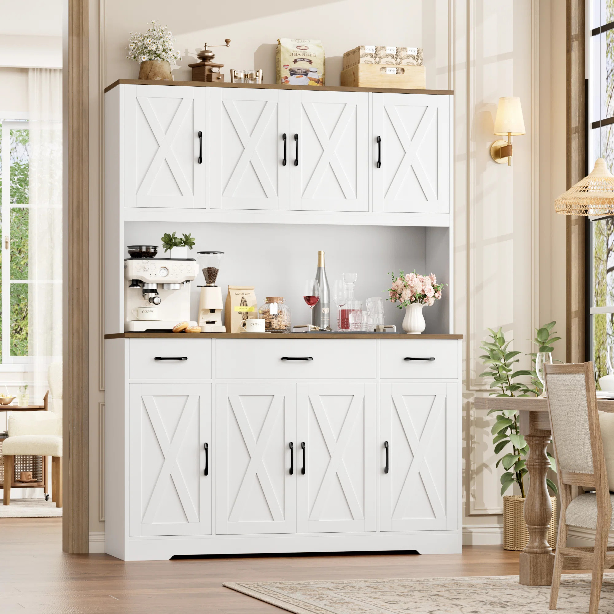 Frostia 70.9"H Kitchen Pantry With Charge Station, 55.1"W Farmhouse Style Pantry Cabinet with Mic... | Wayfair North America