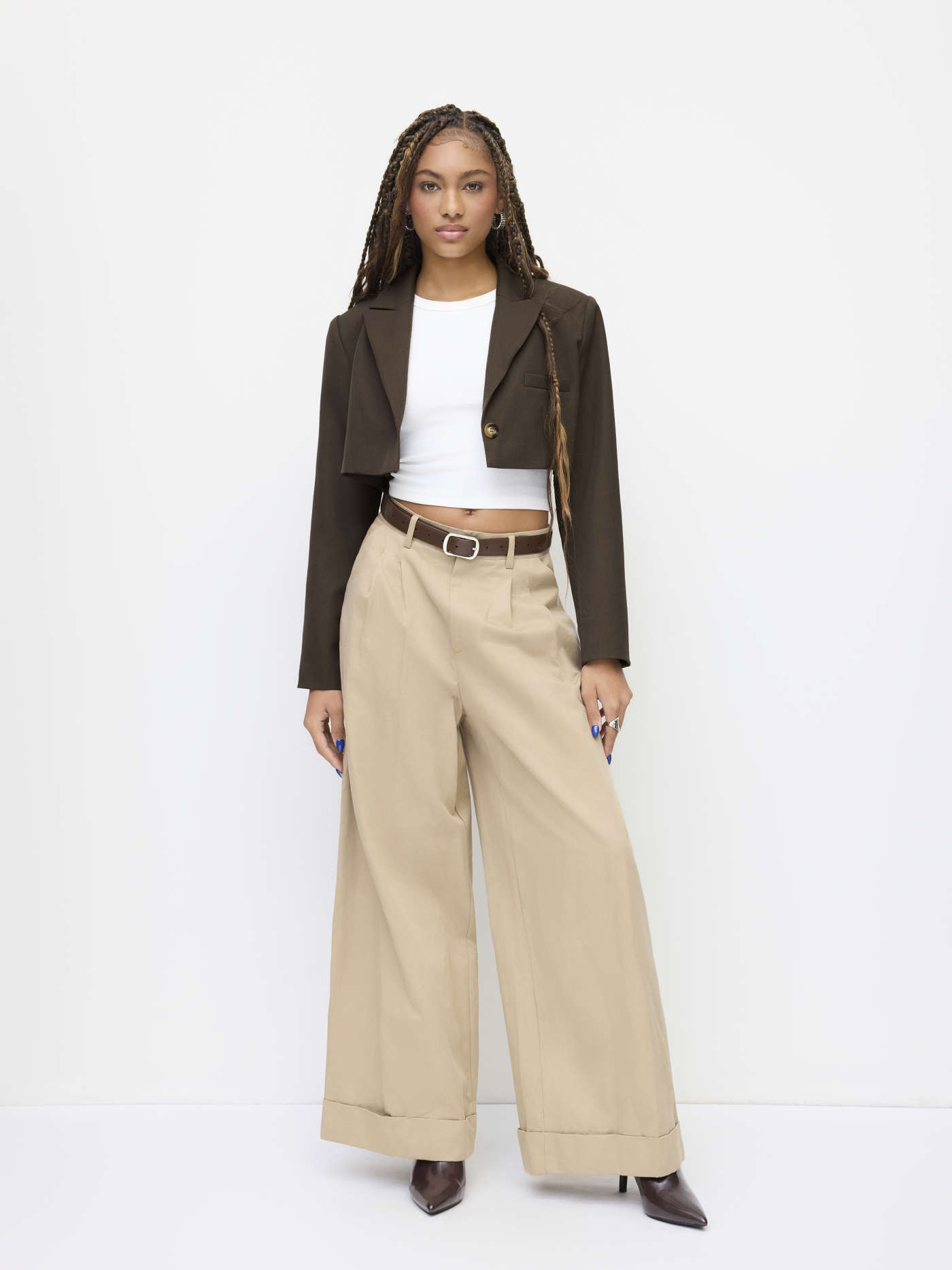 Woven Notched Collar Long Sleeve Crop Blazer For Daily Casual | Cider