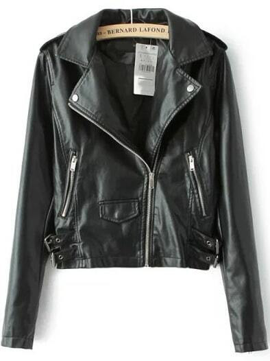 Black Lapel Epaulet Zipper Crop PU Jacket | SHEIN